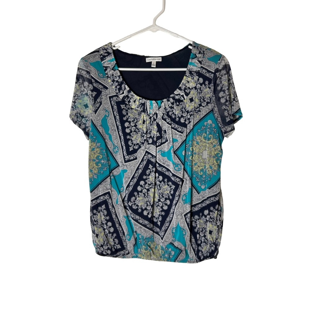 Croft & Barrow Women Blue Teal Medallion Print Short Sleeve Blouse Top Large
